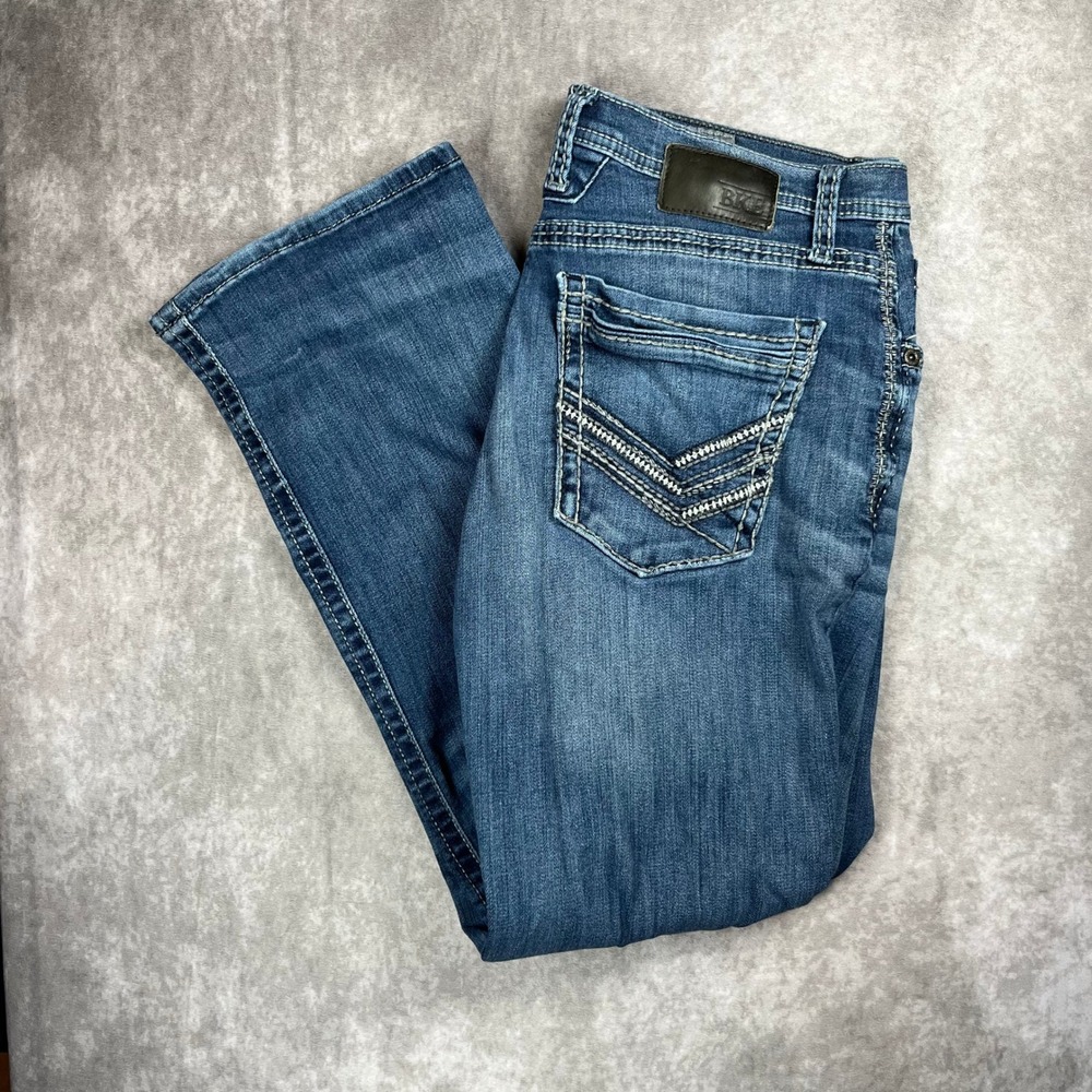 BKE Derek Straight Leg Jeans Mens Blue Medium Wash Embroidered Pockets Denim
